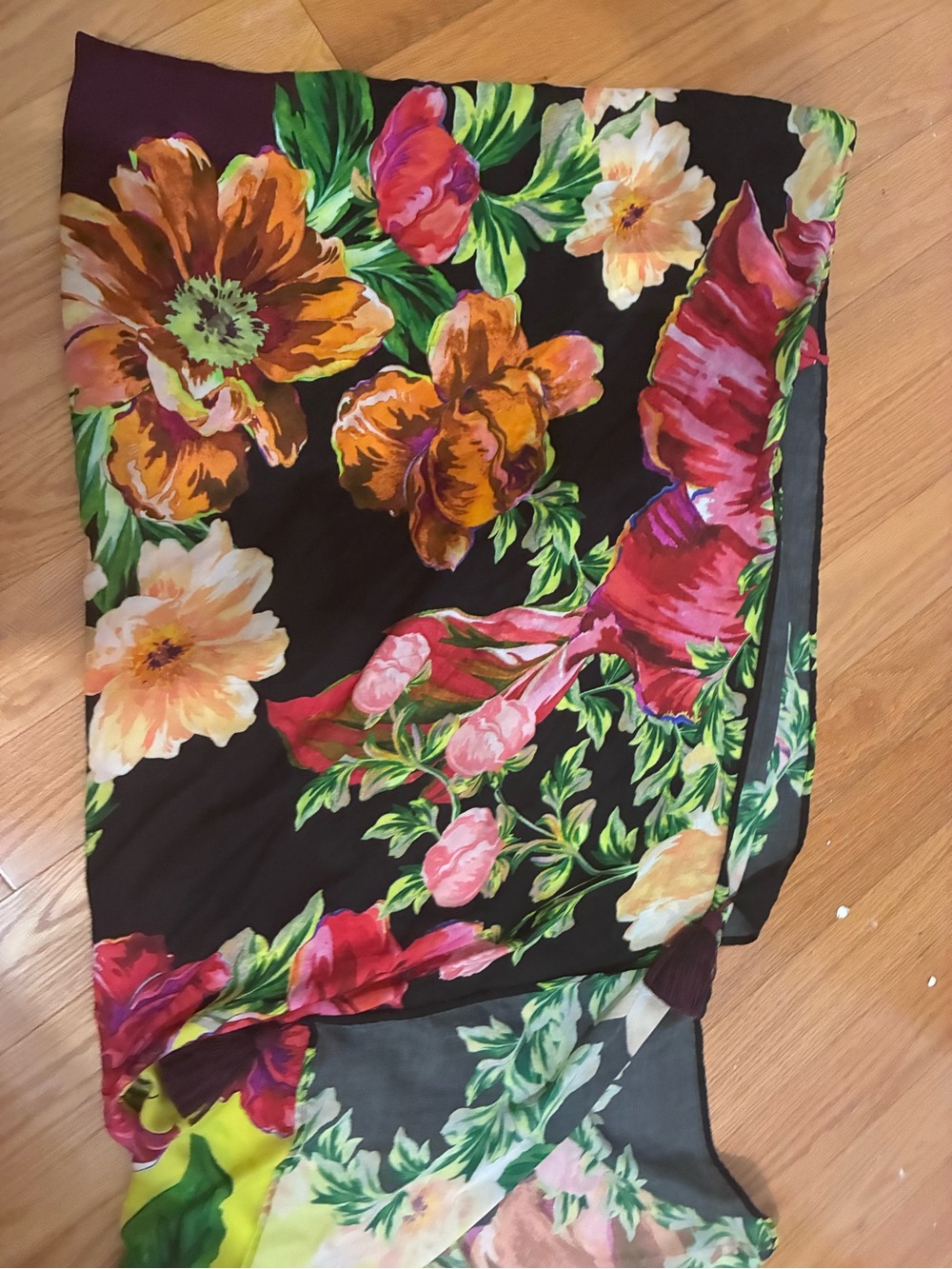 Agua Bendita Black Floral Swim Sarong with Pink, Orange, Green Marine Dawn
